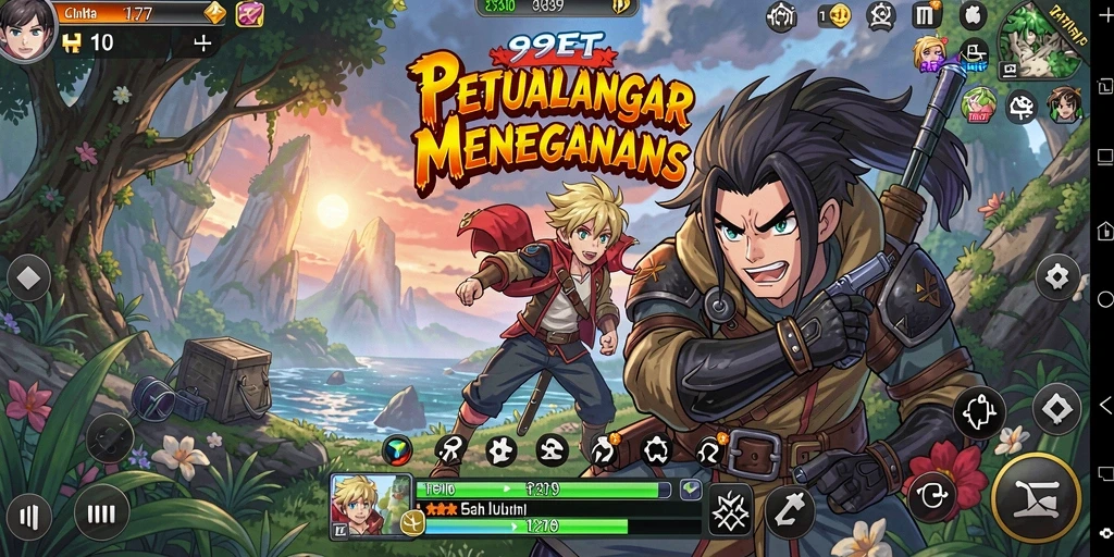 Screenshot gameplay 9ET dengan karakter anime yang dinamis.