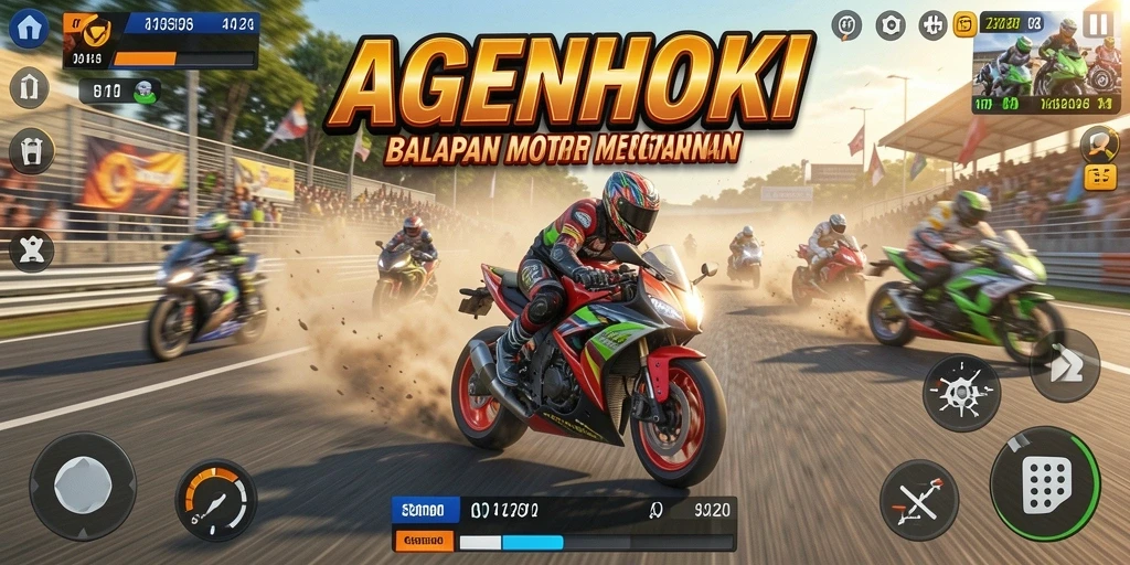 Screenshot gameplay AGENHOKI menunjukkan balapan motor yang menegangkan dan menarik.