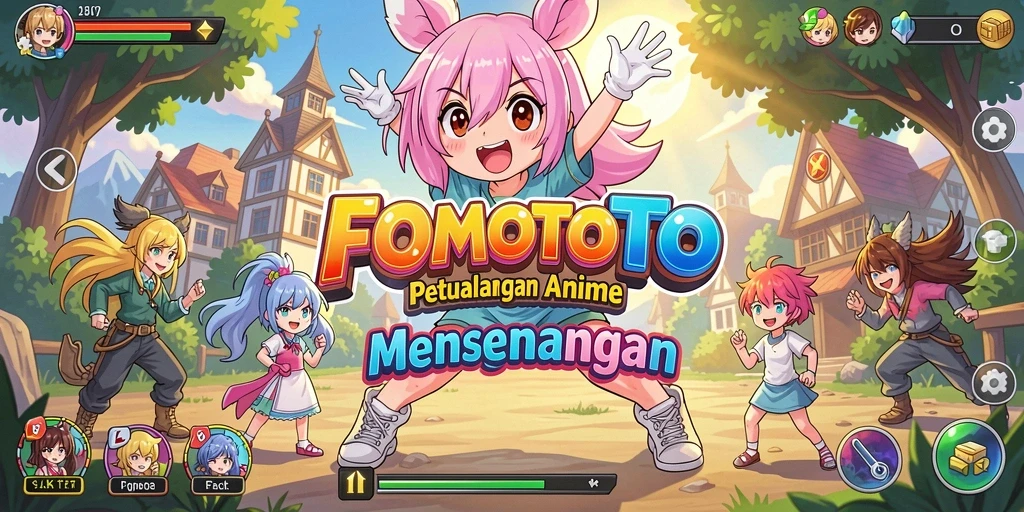 Screenshot FOMOTOTO menampilkan pertarungan karakter anime yang seru.