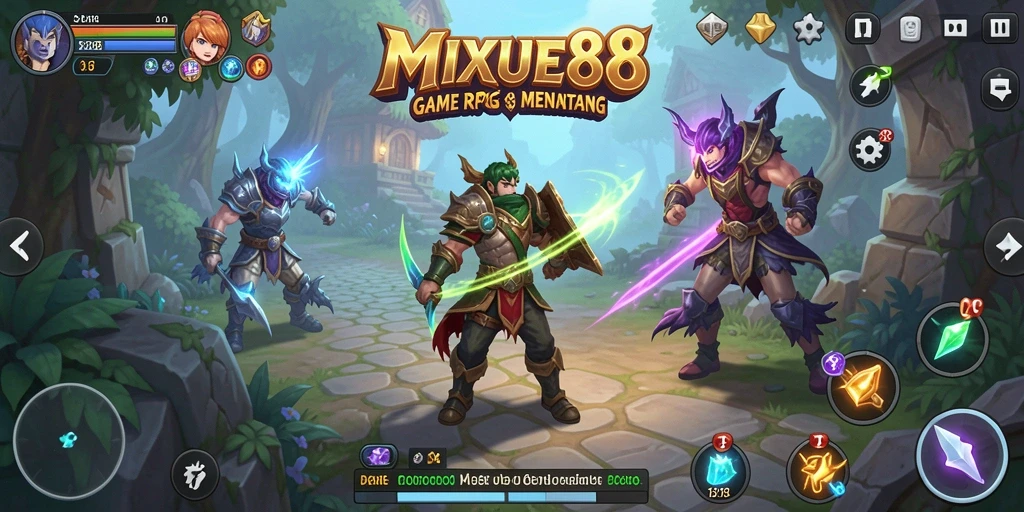 Screenshot gameplay <strong>MIXUE88</strong> dengan karakter sedang bertarung di dunia fantasi.