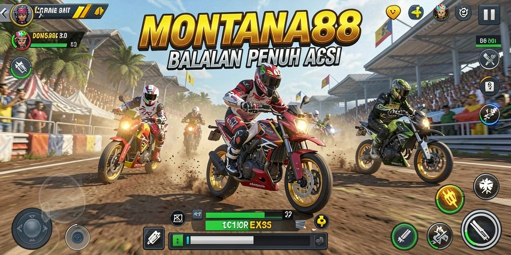 Tampilan gameplay menegangkan dari MONTANA88, balapan motor yang penuh aksi.